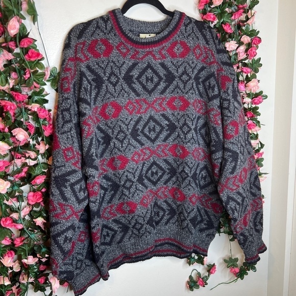 🌹Winona Knits Gray Red Crewneck Sweater Grandpa Sweater Bold Casual Large Wool - Picture 6 of 6